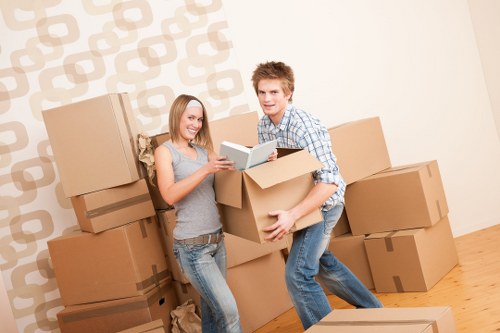 Packed boxes and furniture ready for a domestic move in Highbury