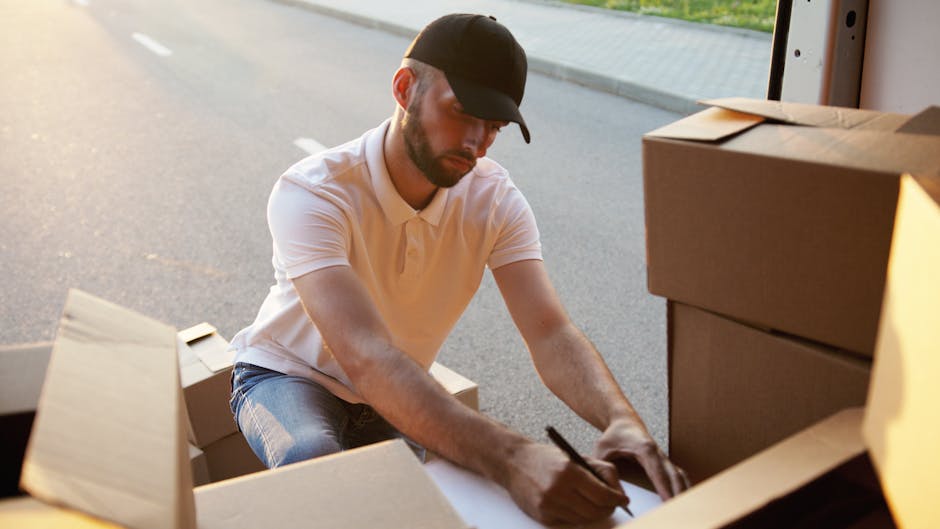 A man wearing a white polo shirt, black cap, and jeans is kneeling on the pavement next to an open cardboard moving box, marking or noting details on a piece of paper or packing list. Several other cardboard boxes, some partially open and filled with packing materials like paper or plastic wrap, are nearby. The scene appears to be set outdoors beside a vehicle or near a loading area, with sunlight illuminating the space, indicating an active home relocation process involving furniture transport and packing. Highbury Movers is conducting a furniture moving or packing and moving service as part of a house removal, with equipment such as packing materials and possibly a van in the background supporting the loading process.