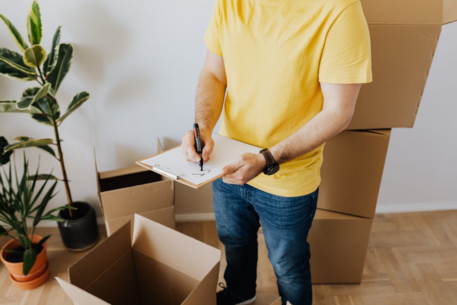 A person wearing a yellow T-shirt and blue jeans is standing indoors next to several large cardboard boxes, some of which are open and empty, while others are sealed with packing tape. They are holding a clipboard in one hand and writing with a black marker in the other, likely making notes related to home relocation tasks. The environment includes a wooden floor, a white wall, and an indoor plant with broad green leaves in a black pot. Behind the person, there are additional packed boxes stacked on top of each other, indicating a packing and moving process is underway as part of furniture transport or home relocation efforts. Highbury Movers, a professional removals company, may be involved in these packing and moving logistics, supporting the transition of belongings during the house removals service.